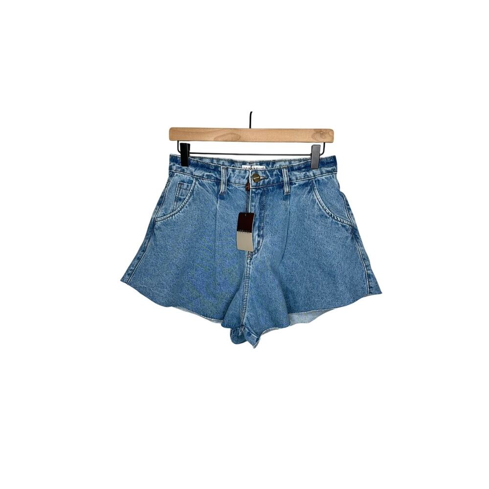 IORANE Denim Shorts M Blue Jean Pleated High Rise Raw Cut Hem 100 Cotton NWT New